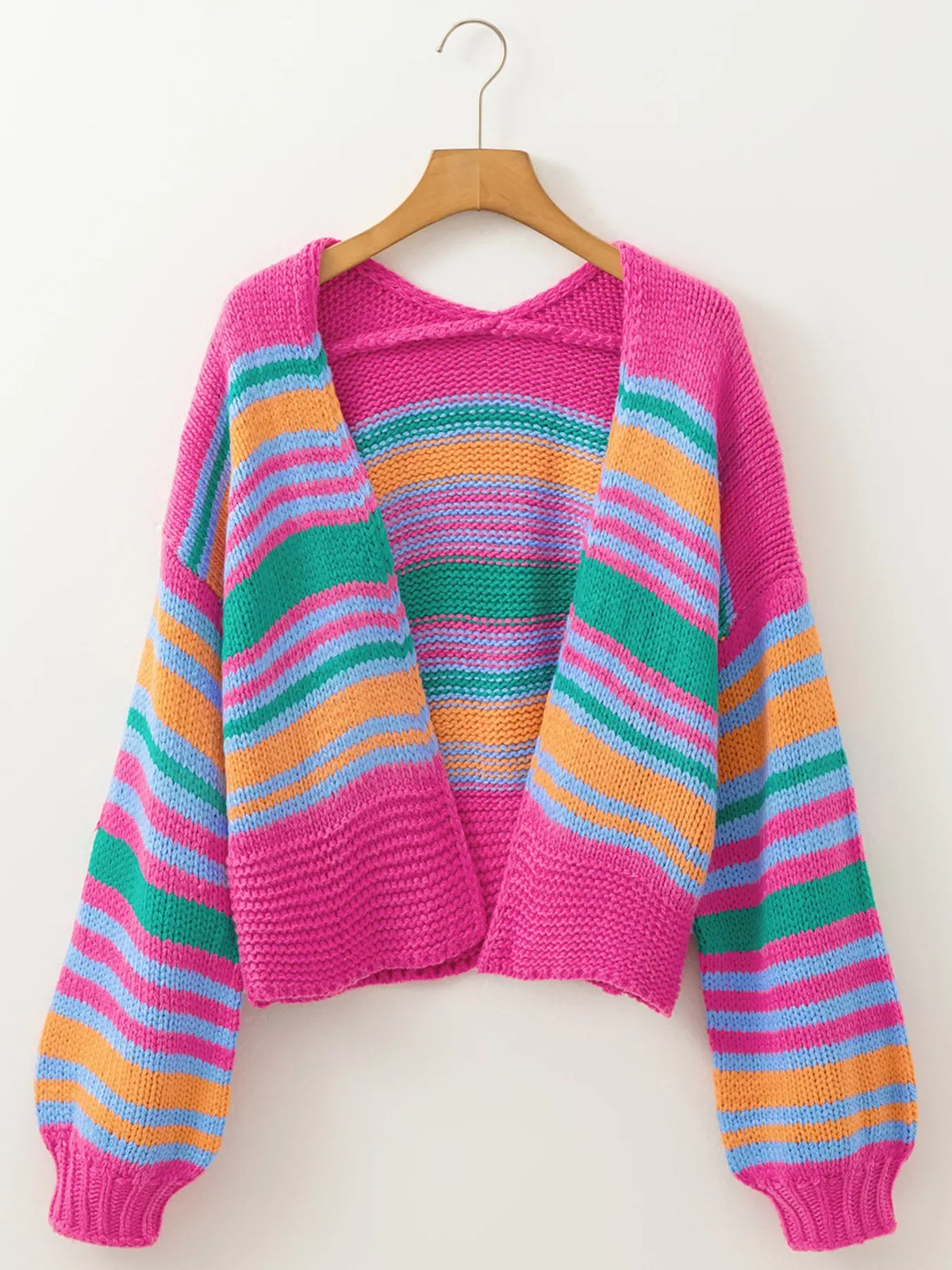 Stripe Colorful Puff Sleeve Drop Shoulder Loose Cardigan