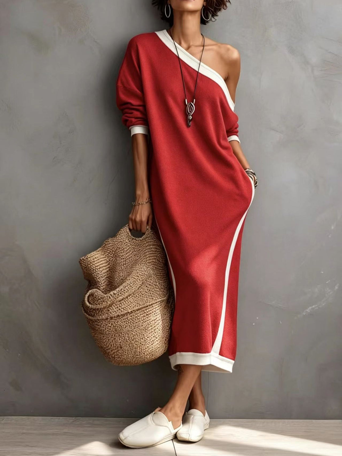 Women's One-Shoulder Color-Block Midi Dress with Pockets