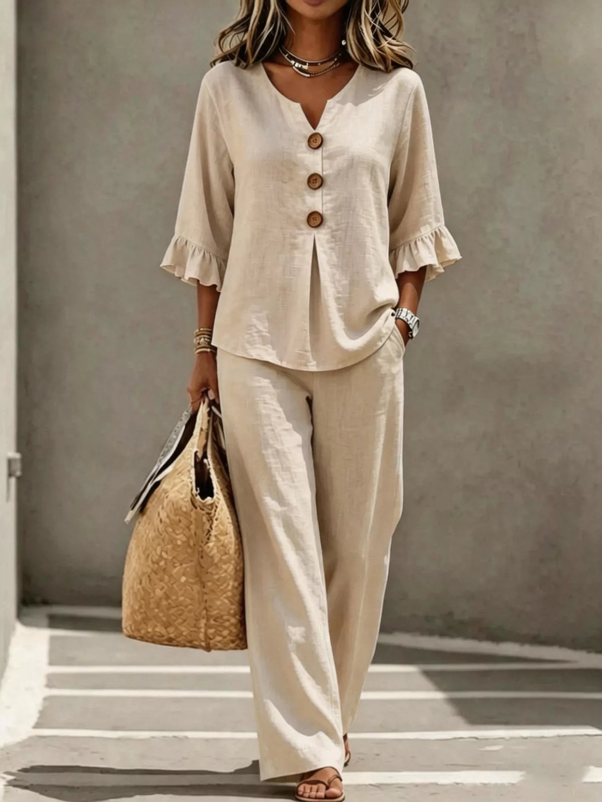 Full Size Decor Button Ruffled Top and Wide-Leg Pants Set Plus Size