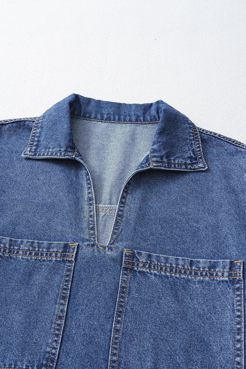 Short Sleeve Collared Patched Pocket Denim Mini Dress