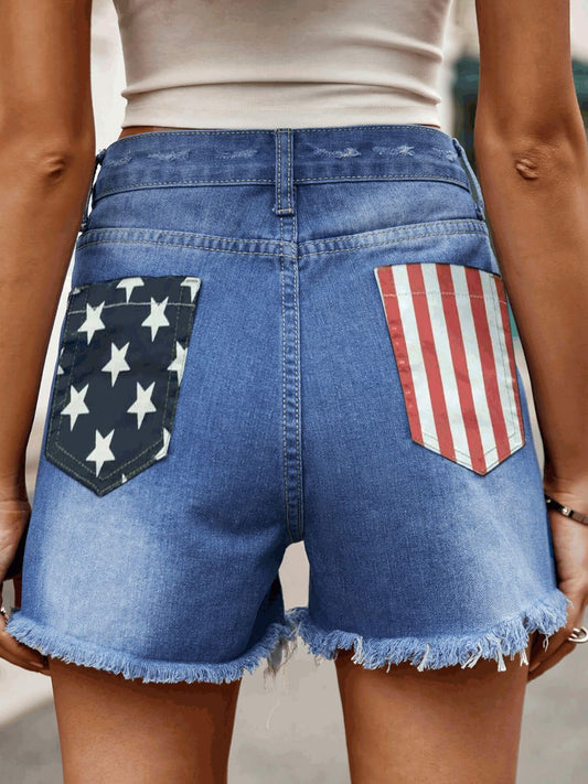 American Flag Raw Hem Denim Shorts with Pockets