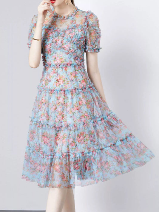 Frill Floral Print Short Sleeve Dress