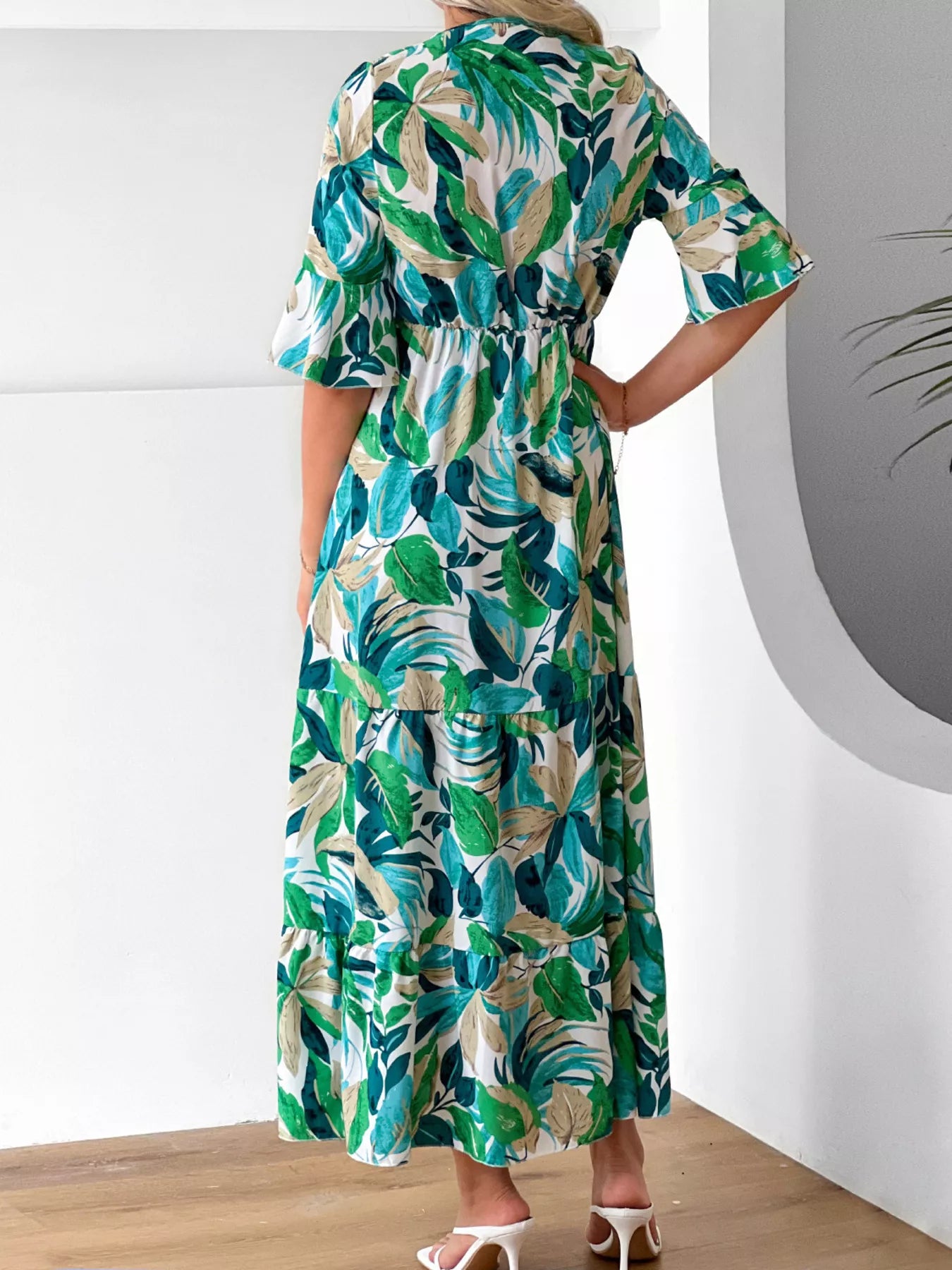 Tropical Leaf Print Half Sleeve Midi Dress