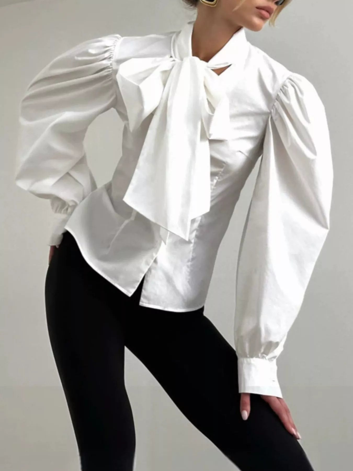 Bow Tie Puffed Sleeves Blouse