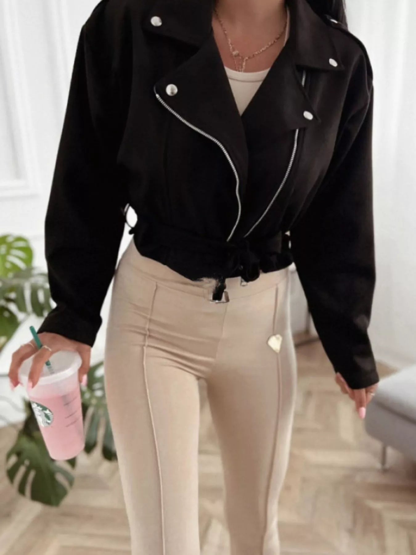 Cropped Biker Jacket with Belt Detail