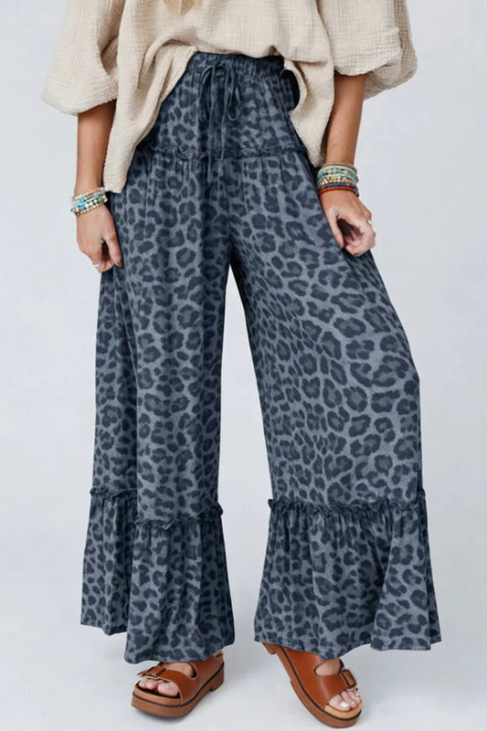 Leopard Print Frilled Detail Drawstring Wide Leg Pants