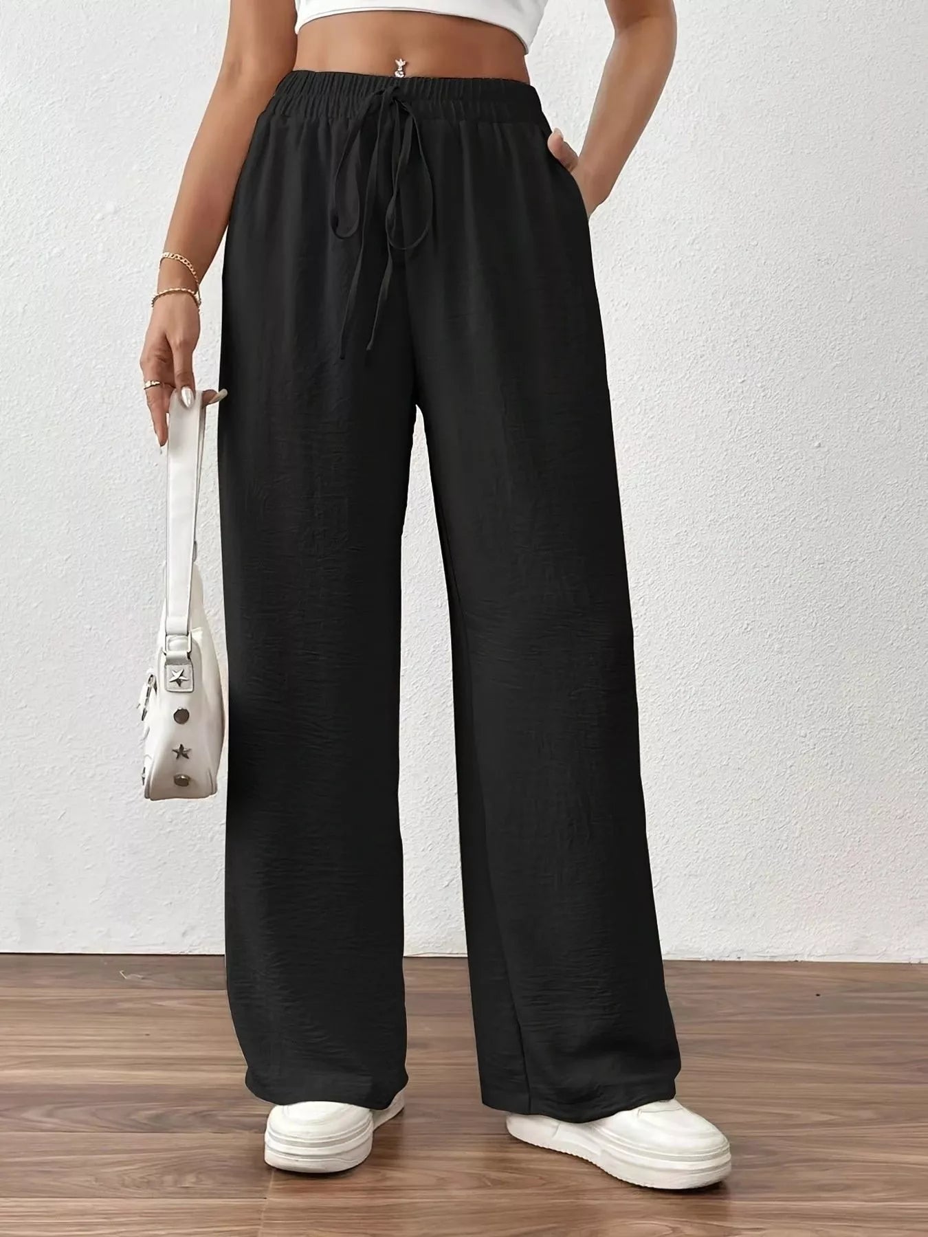 Casual Drawstring Wide Leg Pants