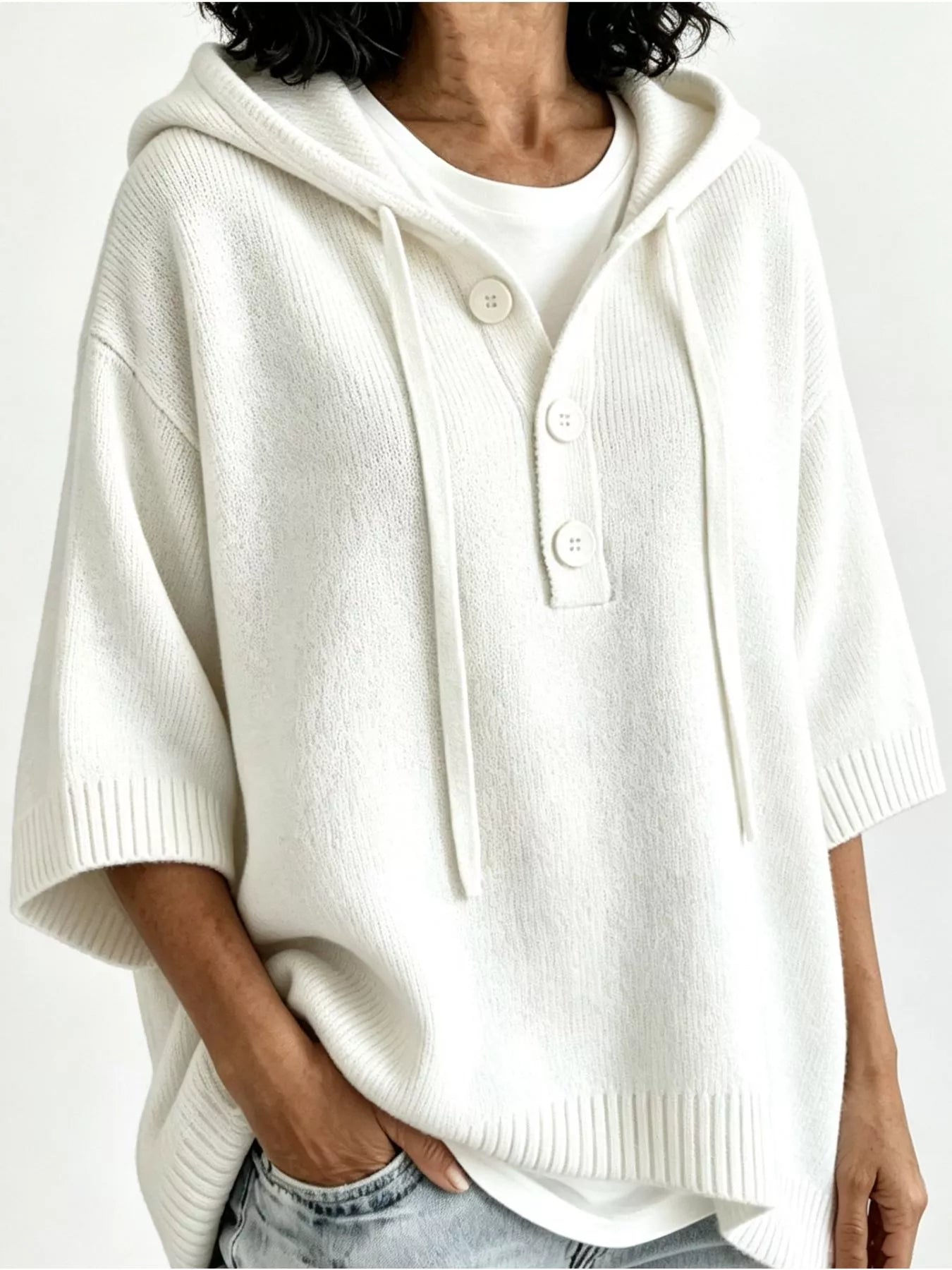 Striped Hooded Sweater with Button Detail