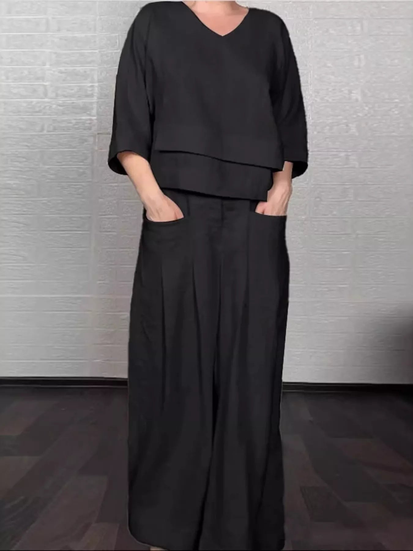 Full Size V-Neck Long Sleeve Top and Pants Set Plus Size