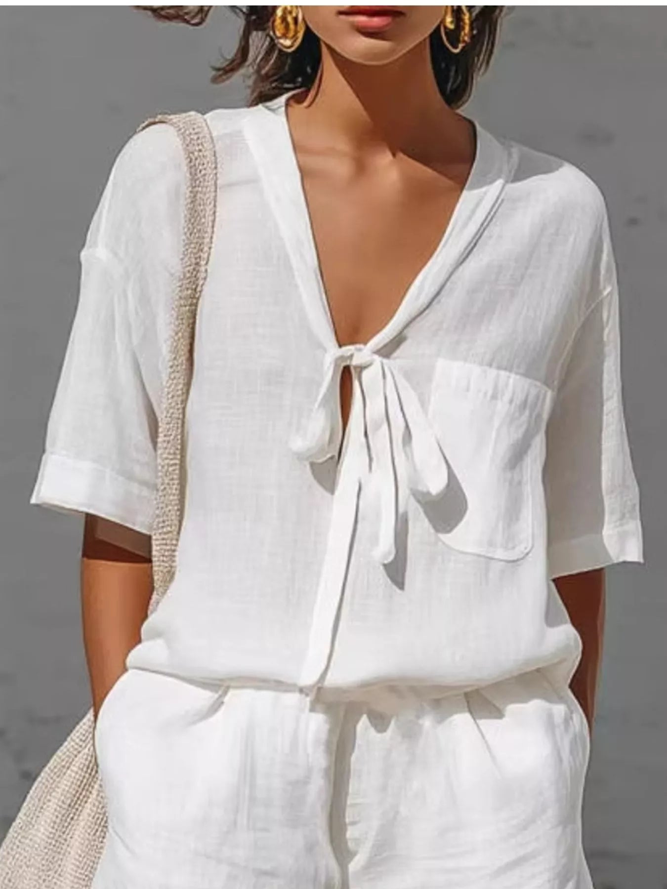 Tie-Front Half Sleeve Shirt and Shorts Set