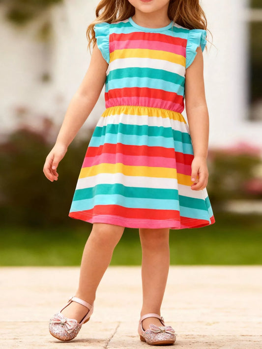 Children's Colorful Striped Ruffle Sleeve Dress
