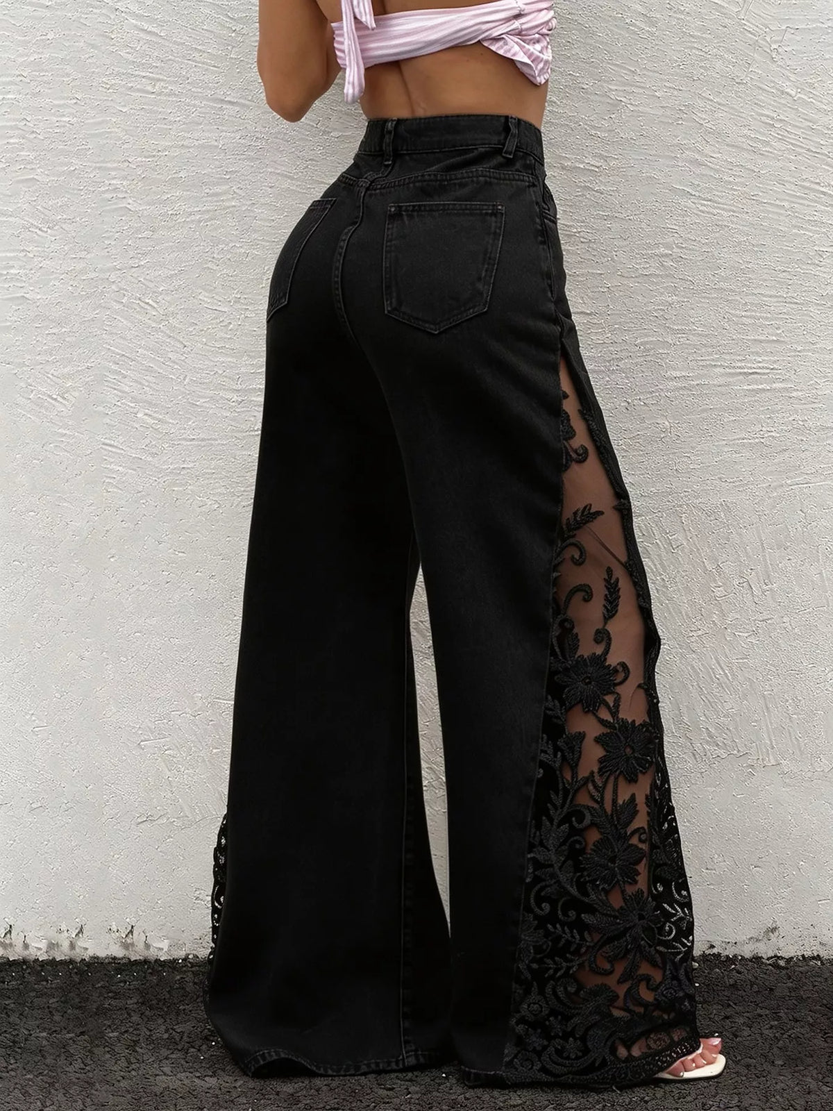 Lace Detail Wide-Leg Jeans