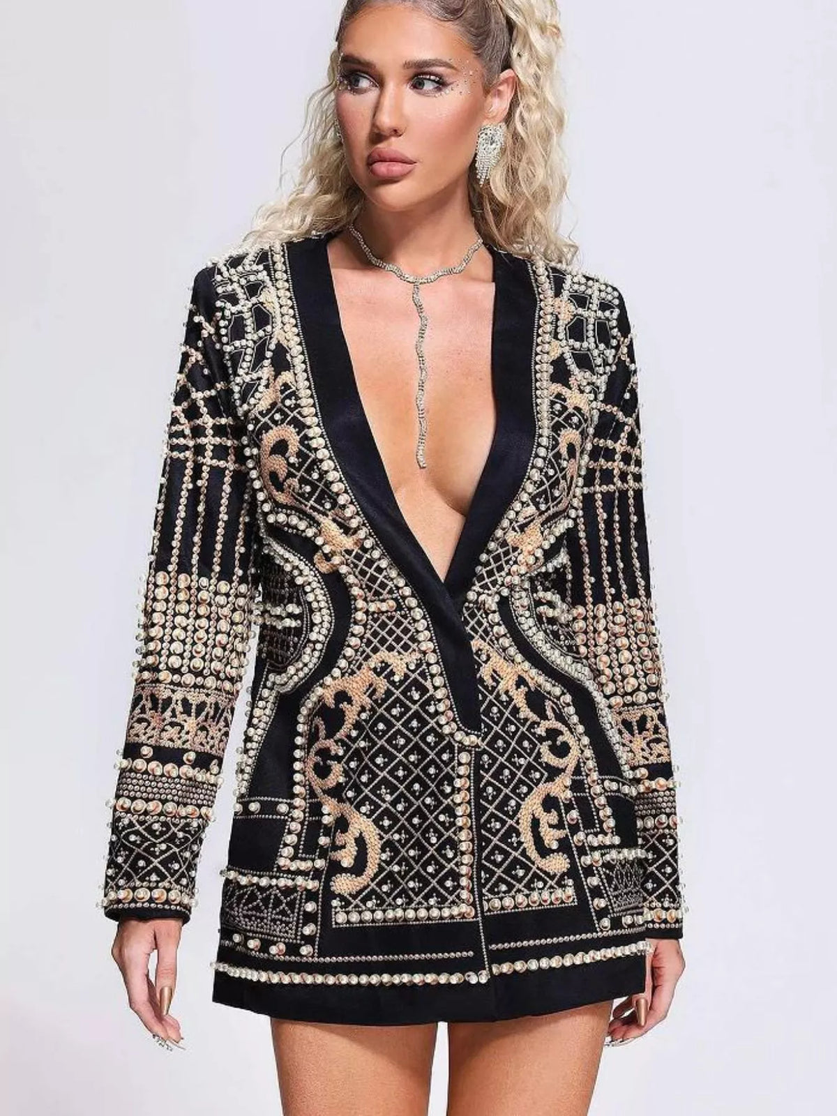 Full Size Embellished Pearl One-Button Blazer Plus Size