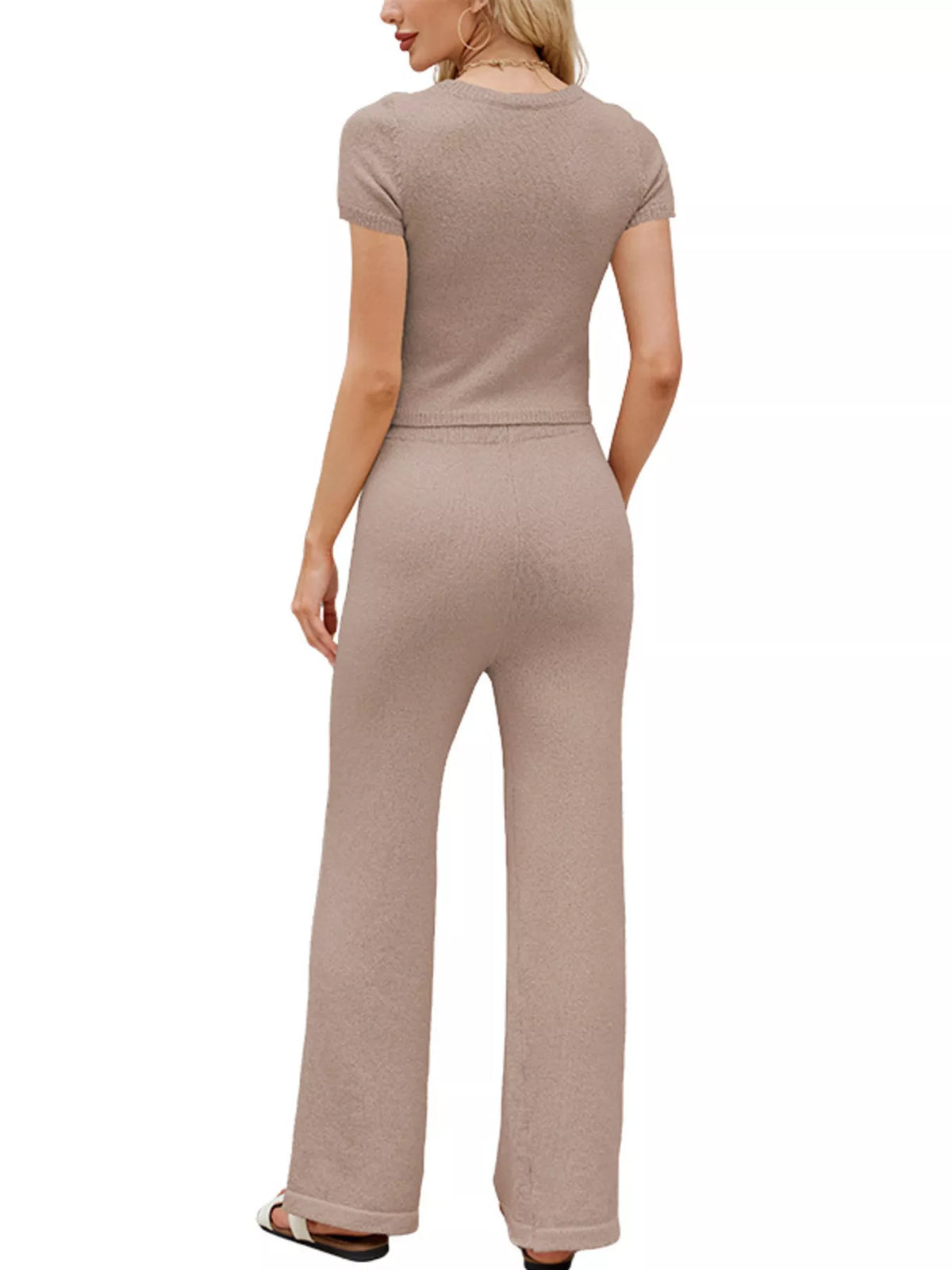 Solid Color Knit Short Sleeve Top and Wide Leg Pants Set