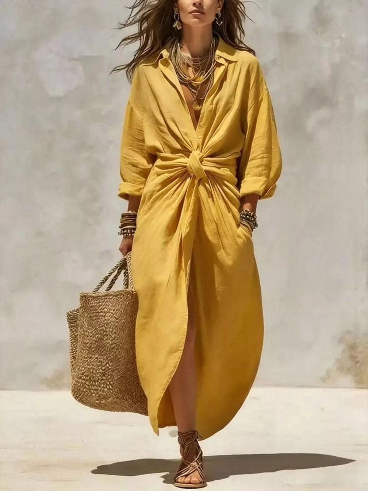 Front-Tie Maxi Shirt Dress