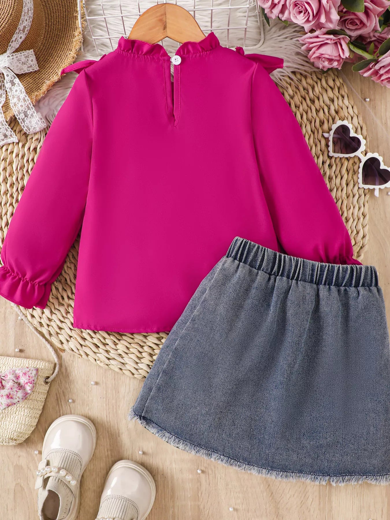 Children's Ruffled Mesh Top and Denim Skirt Set
