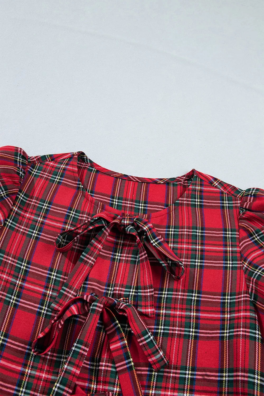 Plaid Knot Neck Short Sleeve Mini Shift Dress