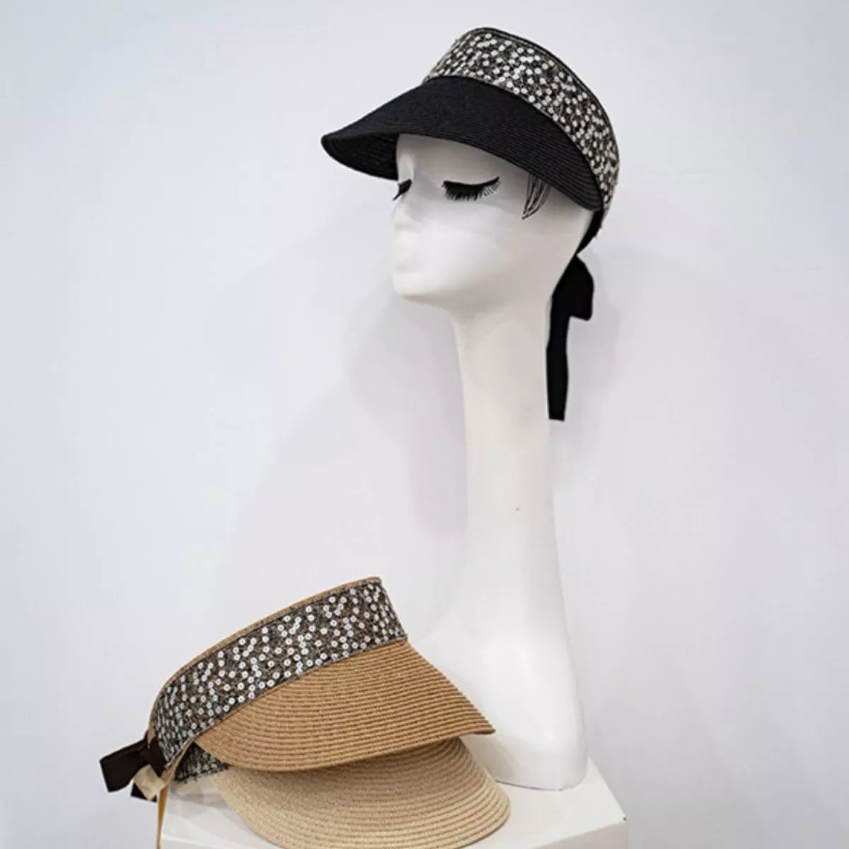 Sequined Visor Sun Hat with Ribbon Tie