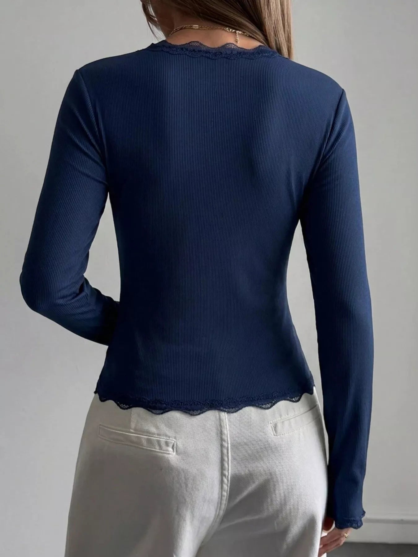 Lace Trim V-Neck Ribbed Long Sleeve Blouse