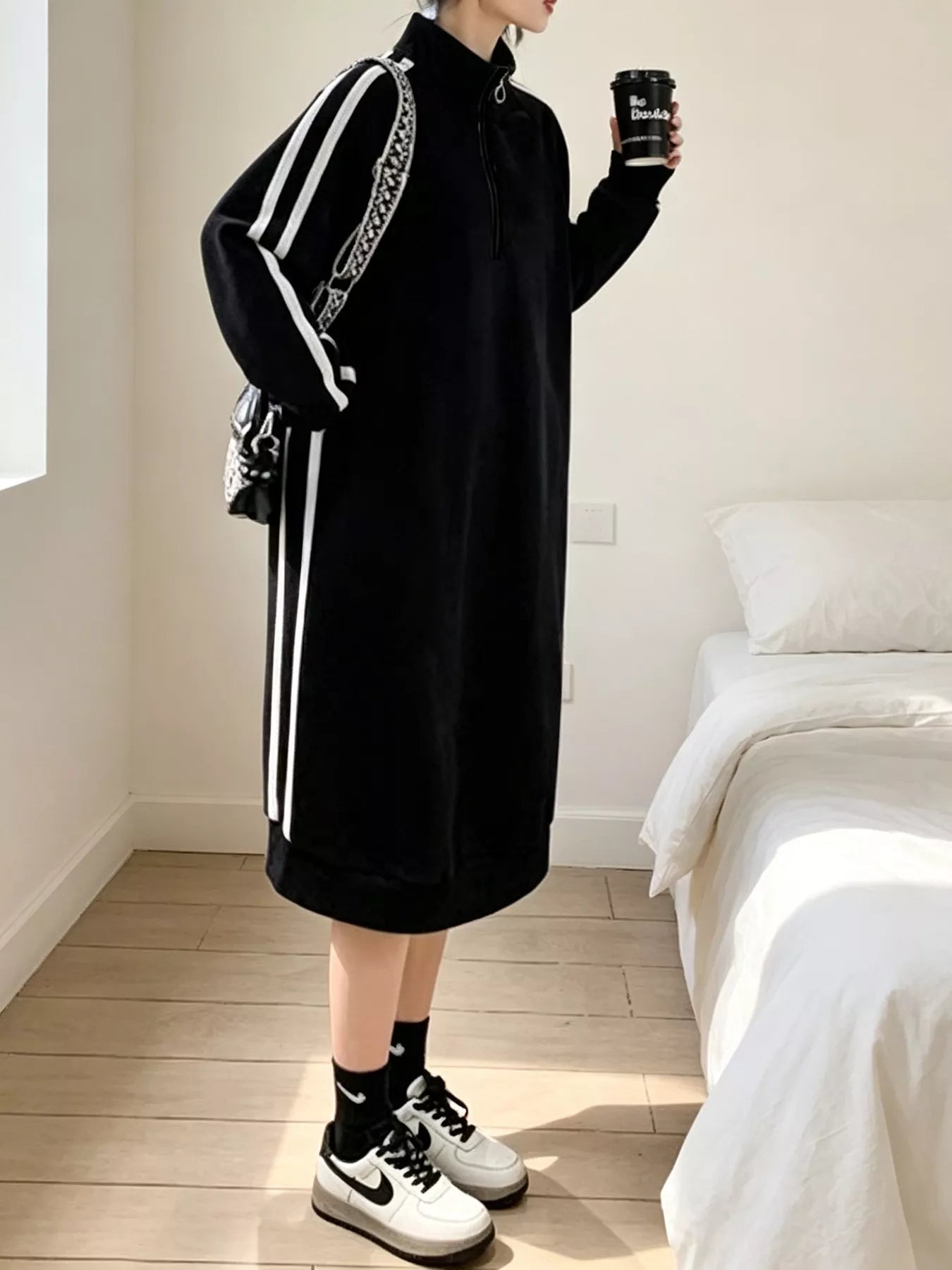 Casual Quarter‑Zip Mock Neck Side Stripe Midi Sweatshirt Dress