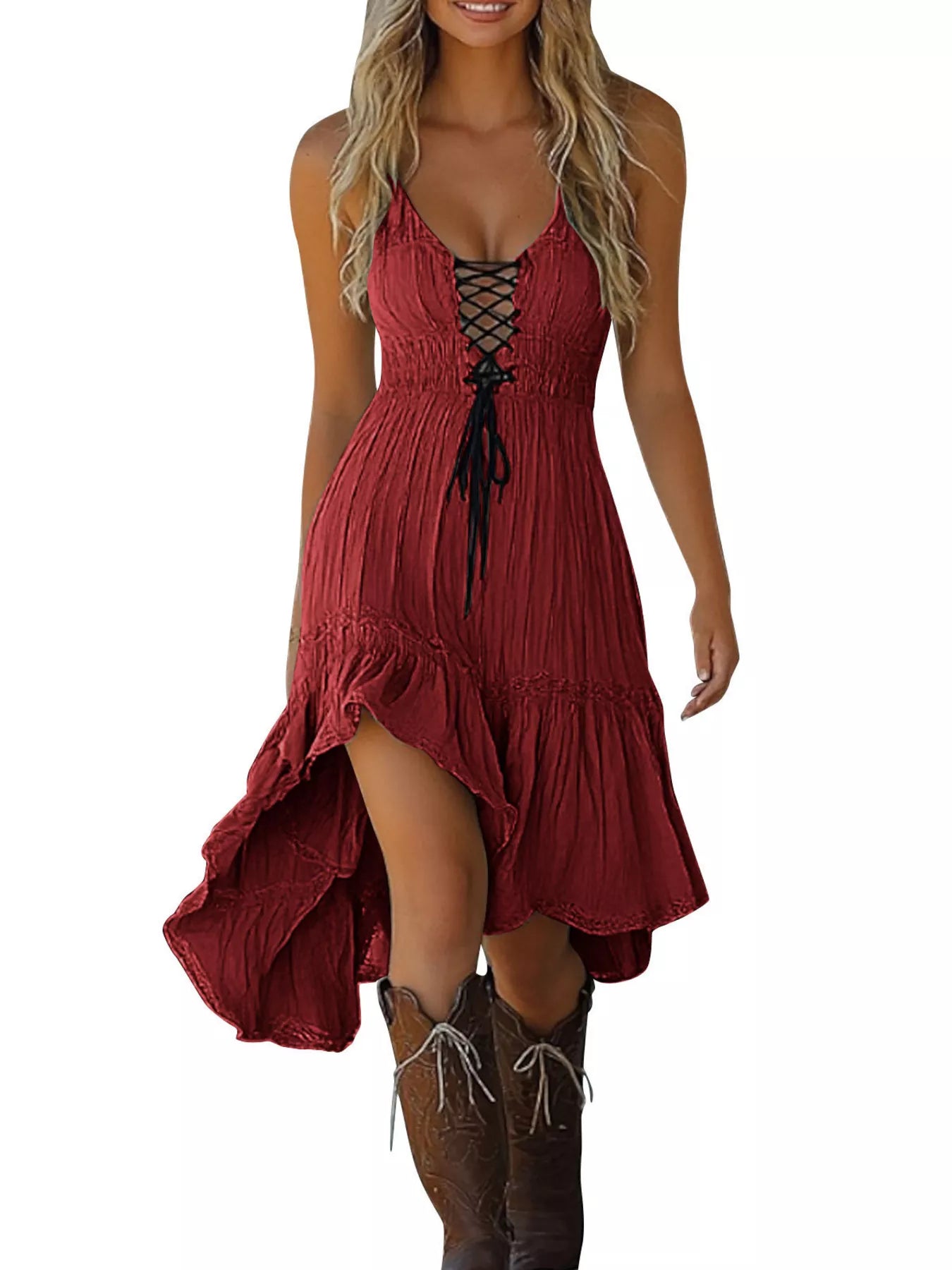 Lace-Up Front High-Low Ruffle Hem Dress