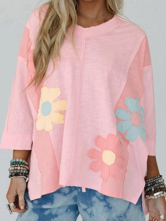 Flower Patched Exposed Seam Oversized T Shirt