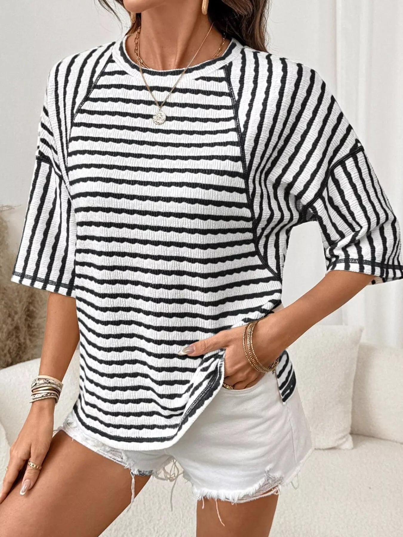 Casual Striped Raglan Sleeve Textured T-Shirt