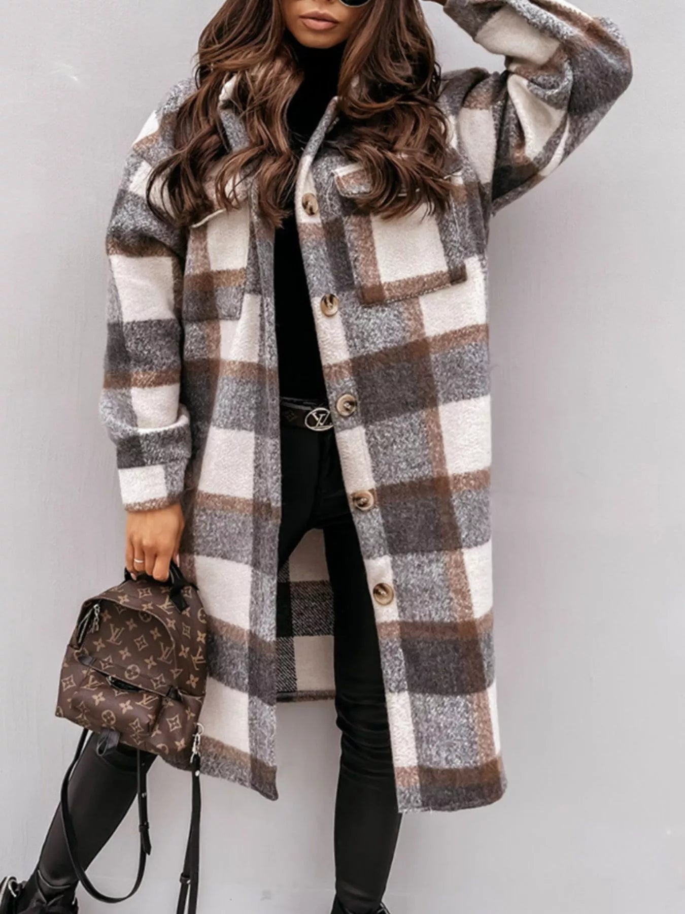 Longline Plaid Button Up Coat
