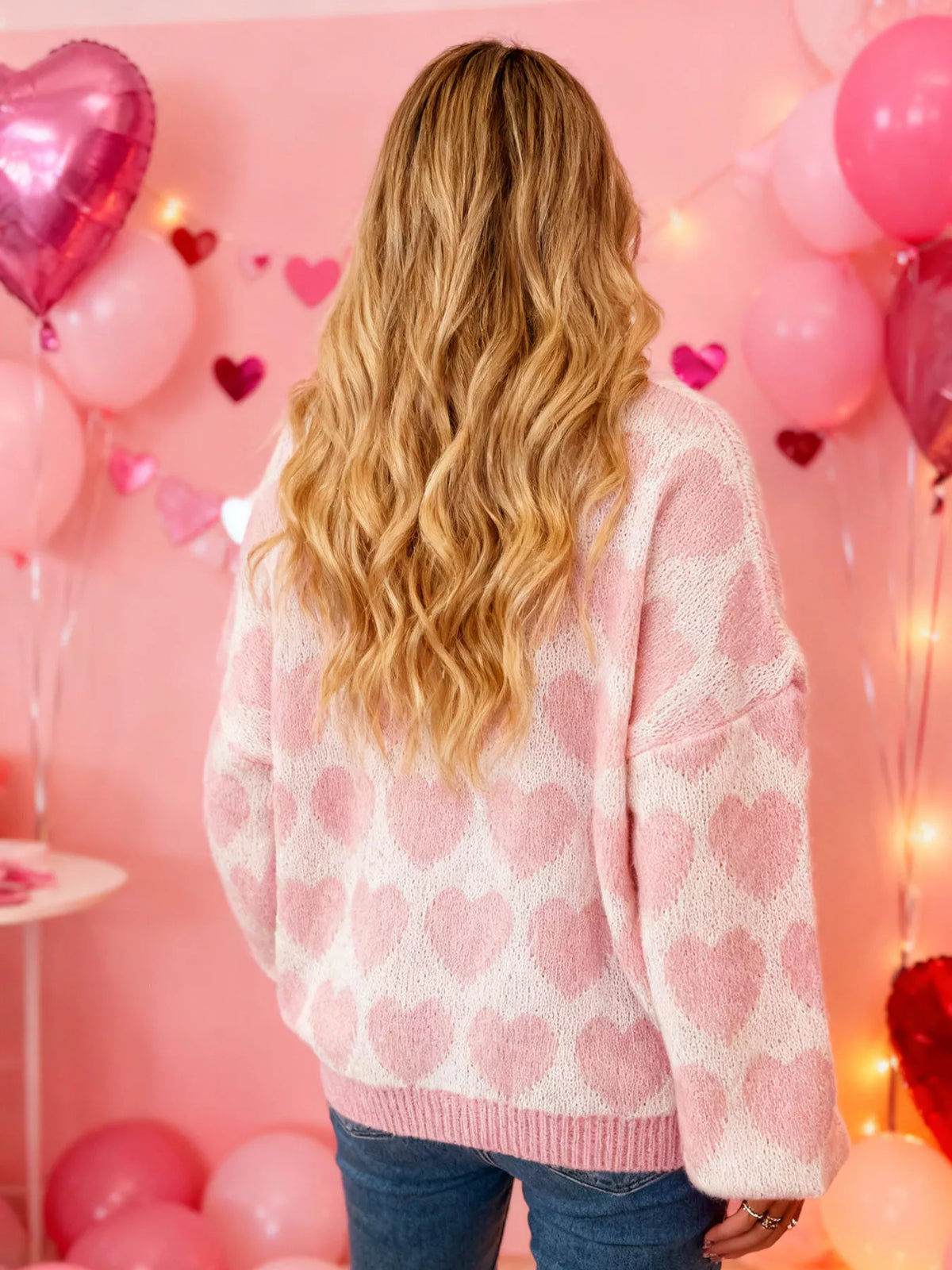 Heart Pattern Dropped Shoulder Sweater