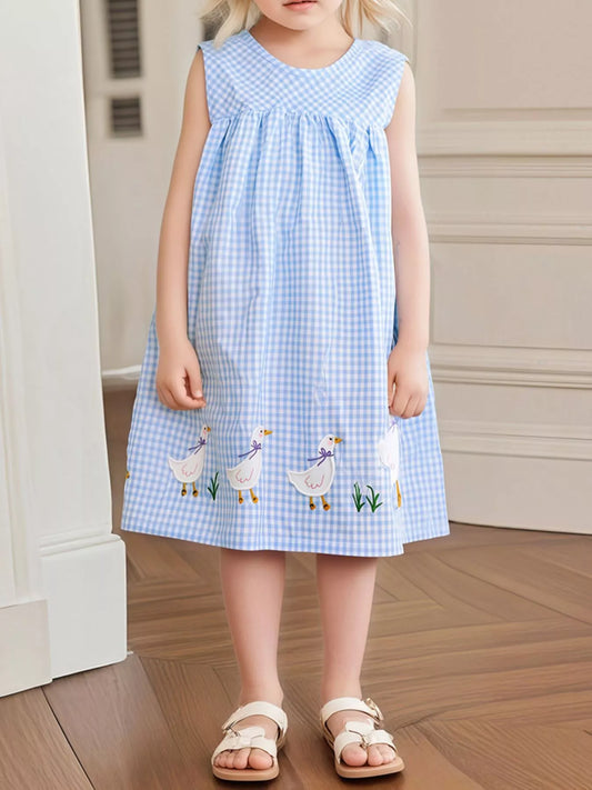 Children's Gingham Goose Embroidered Sleeveless Dress
