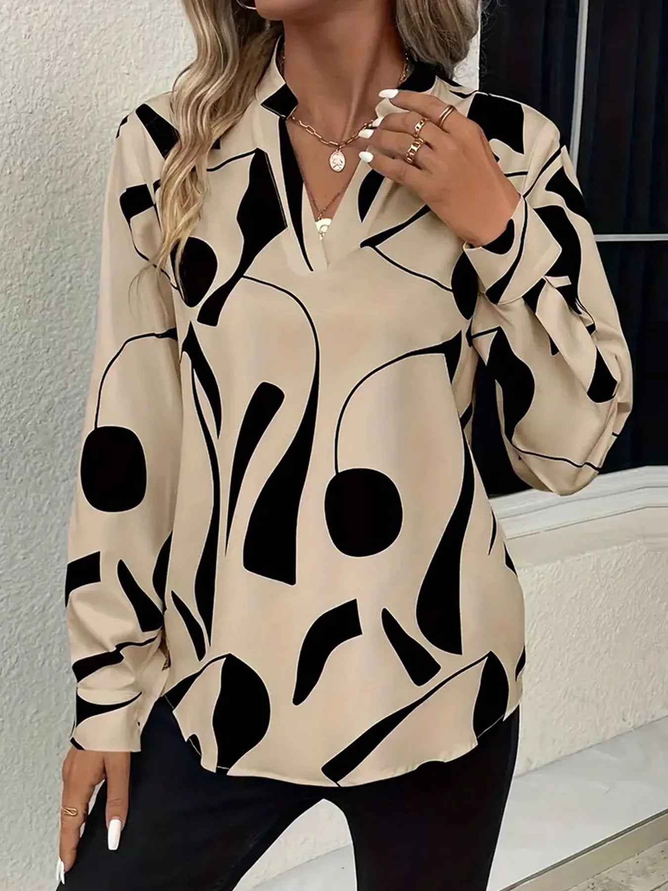 Abstract Print Notched Long Sleeve Blouse