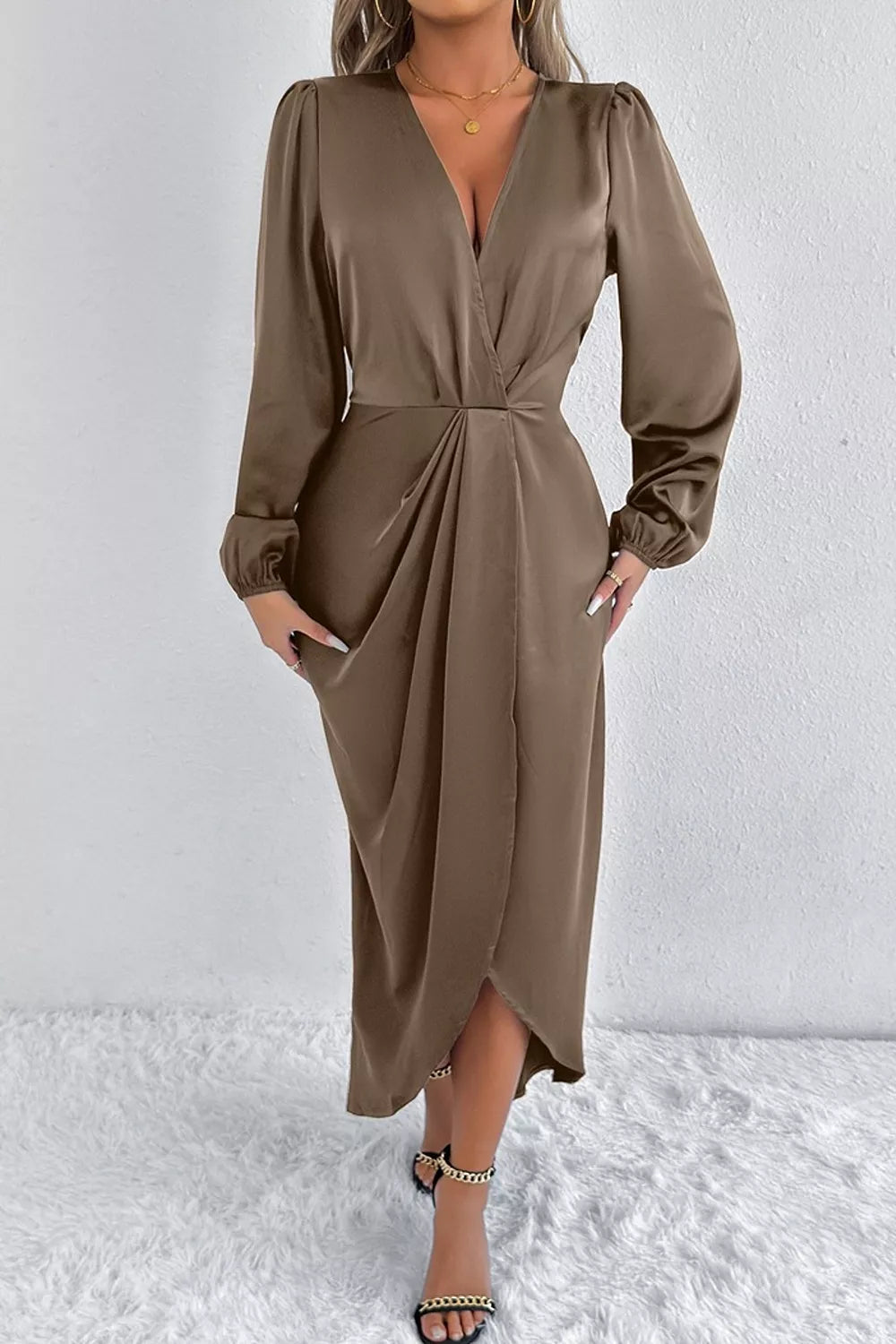 Satin Balloon Sleeve Midi Dress