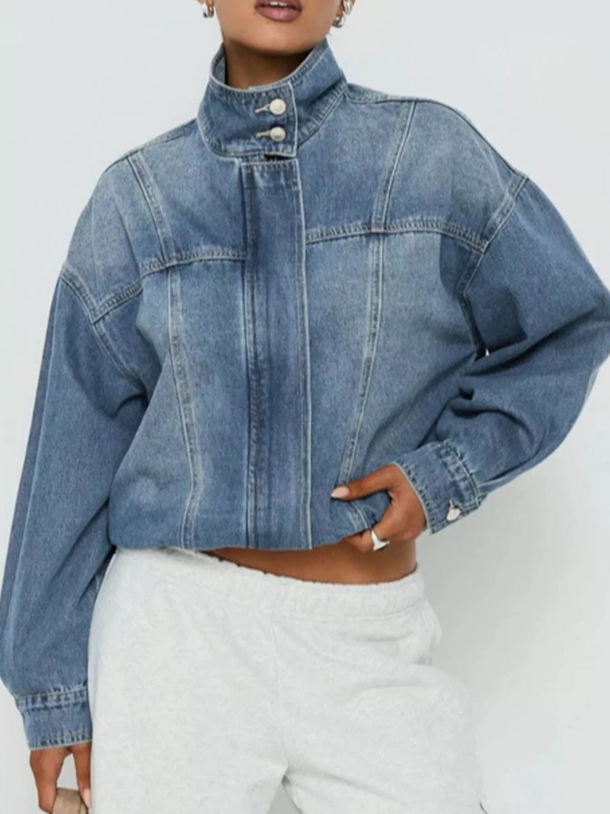 Washed Stand-Up Collar Denim Jacket