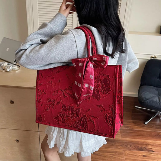 Floral Embossed Tote Handbag with Scarf Accent