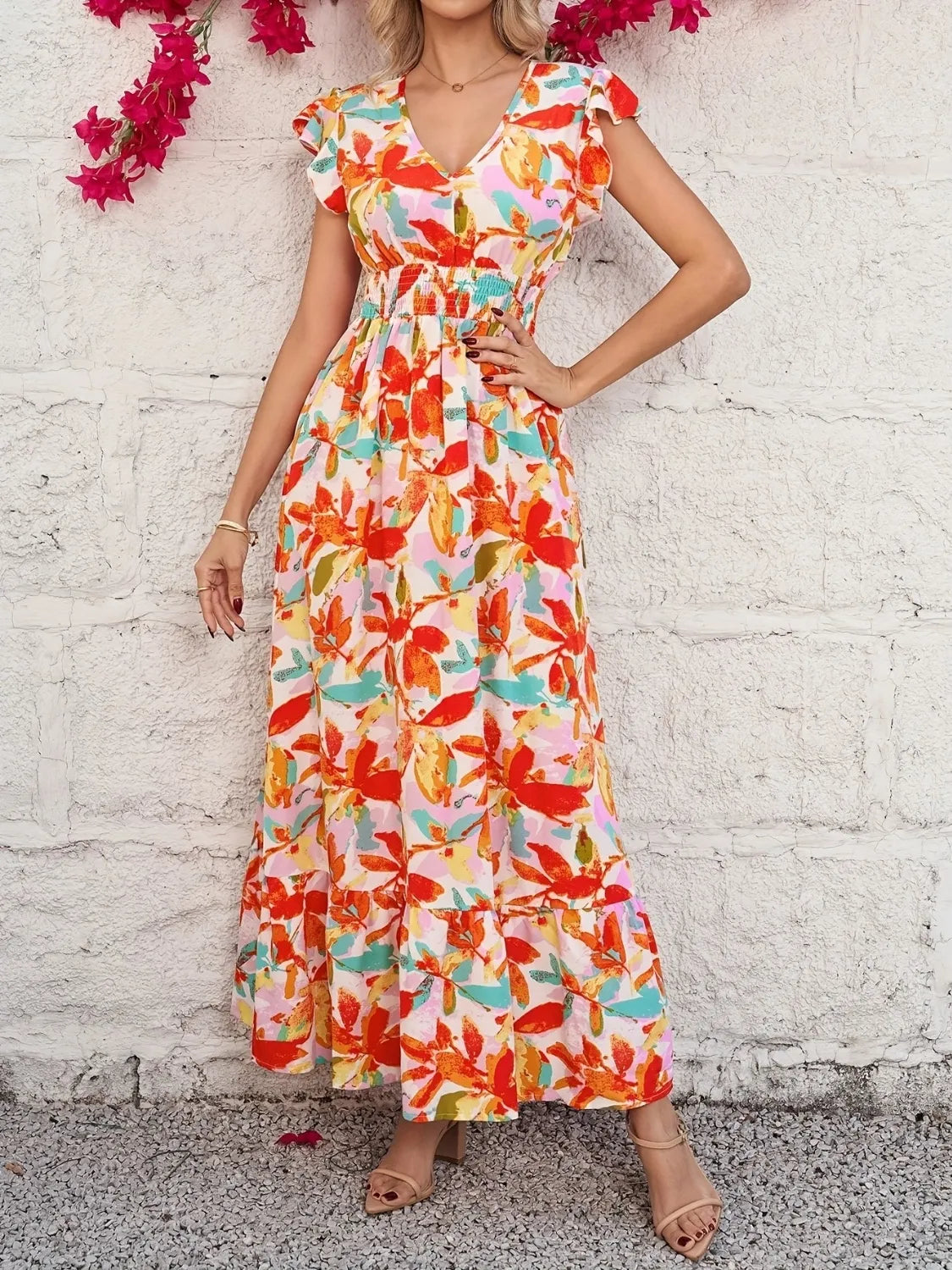 Ruffled V-Neck Cap Sleeve Dress
