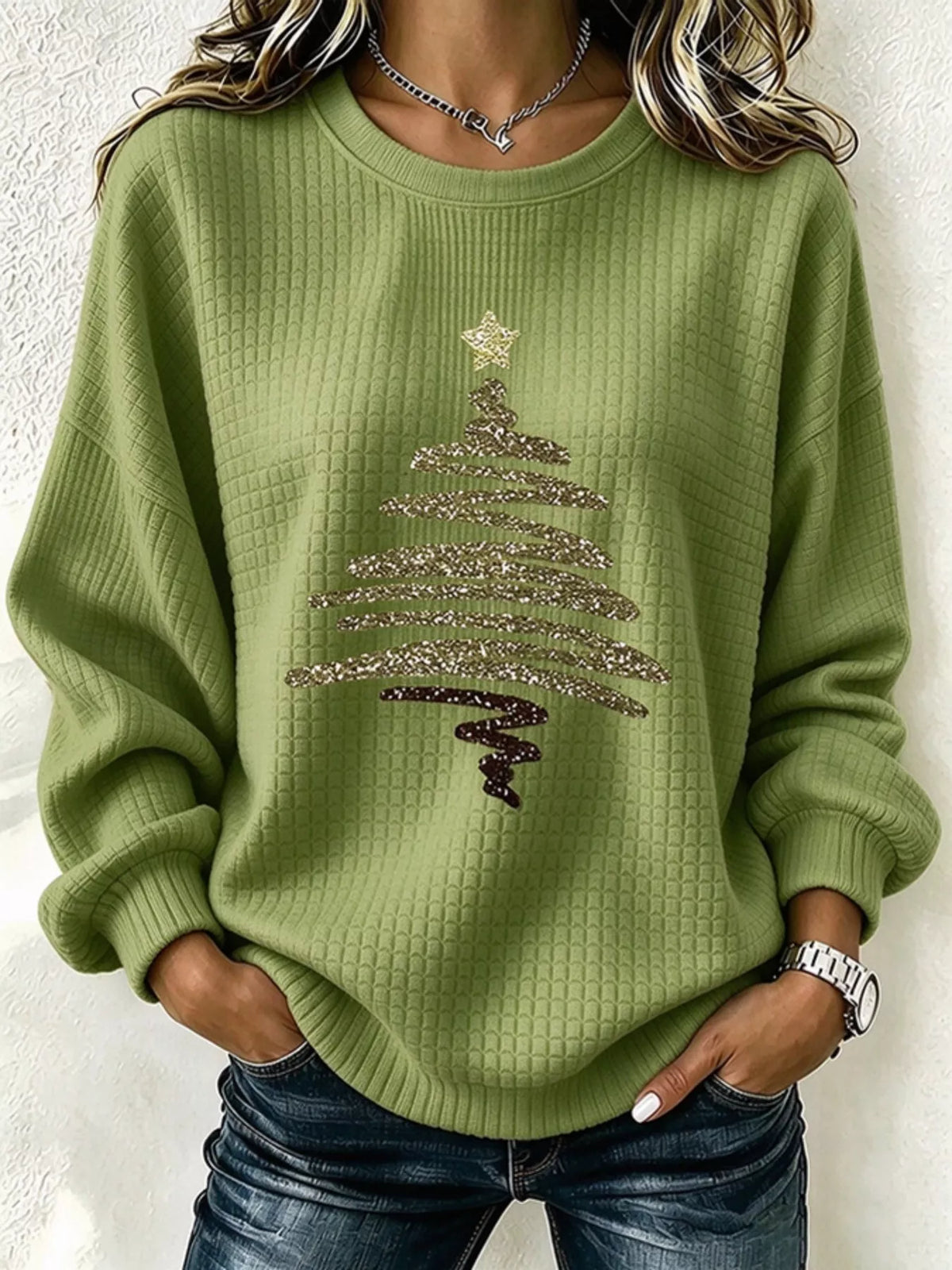 Full Size  Festive Christmas Tree Graphic Ribbed Sweatshirt Plus Size