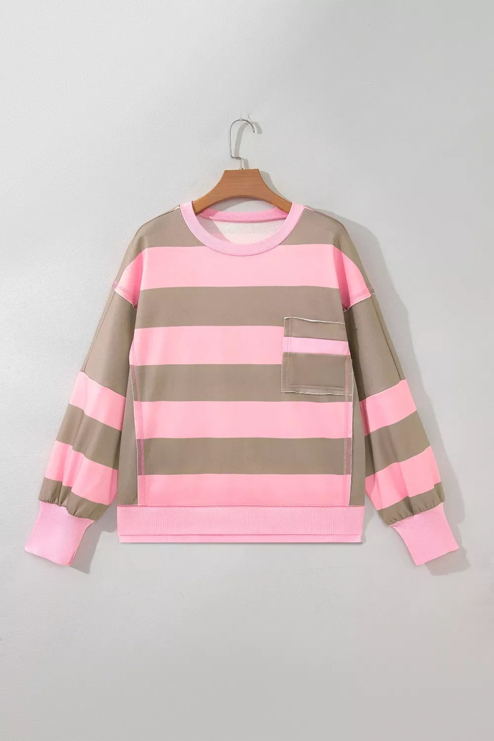 Striped Colorblock Patch Pocket Split Hem Oversized Long Sleeve Sweatshirt