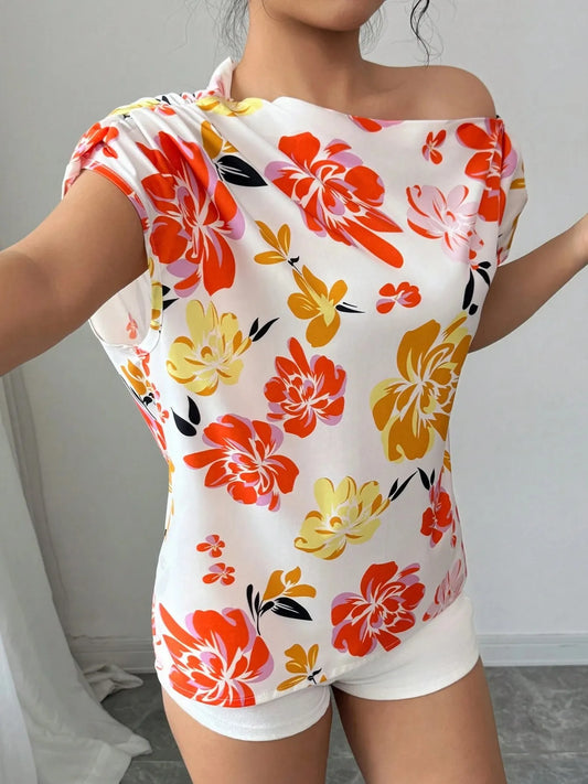 Floral Print One Shoulder Short Sleeve Blouse
