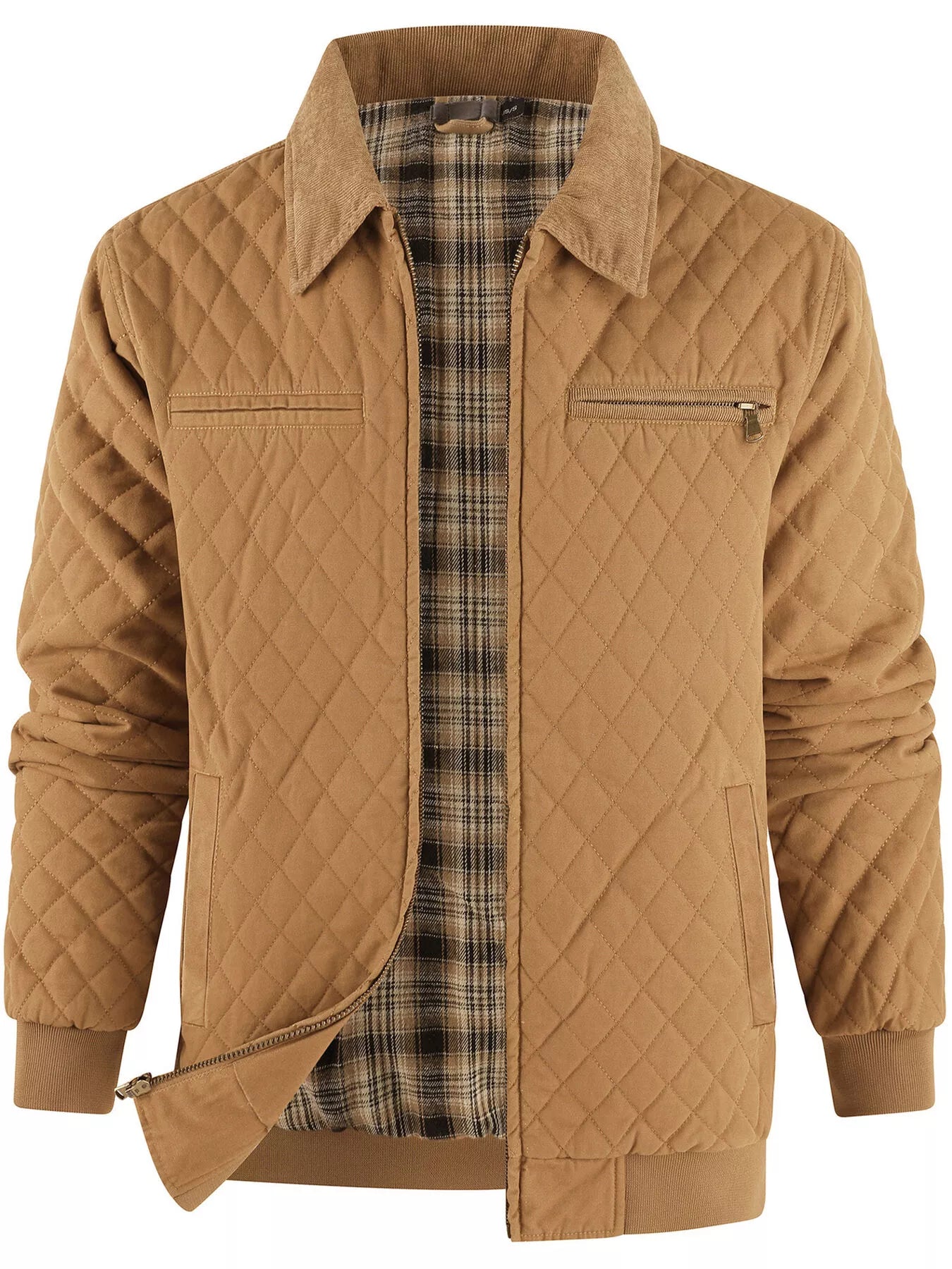 Men's Quilted Collared Neck Jacket with Plaid Lining