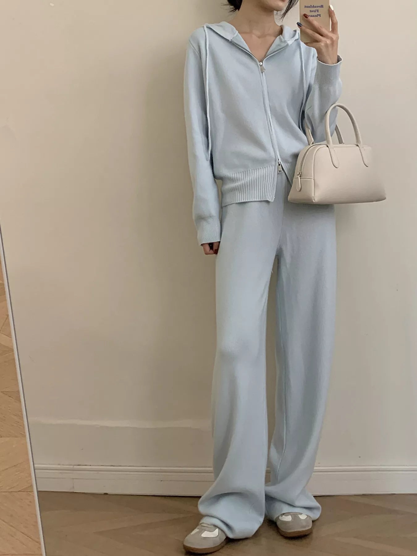 Zip Up Cardigan and Drawstring Wide Leg Pants Knit Set