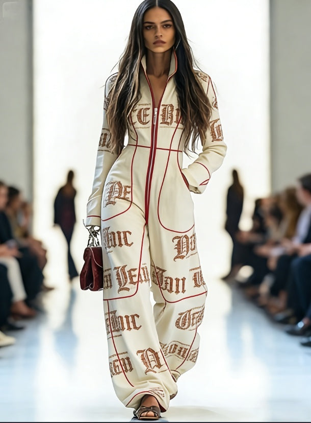 Zippered Long-sleeved Casual Wide-leg Jumpsuit