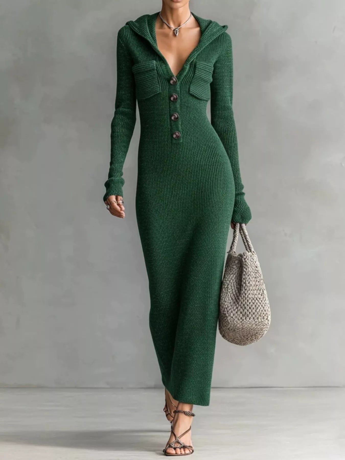 Hooded Knit Maxi Dress with Button-Up Placket and Chest Pockets