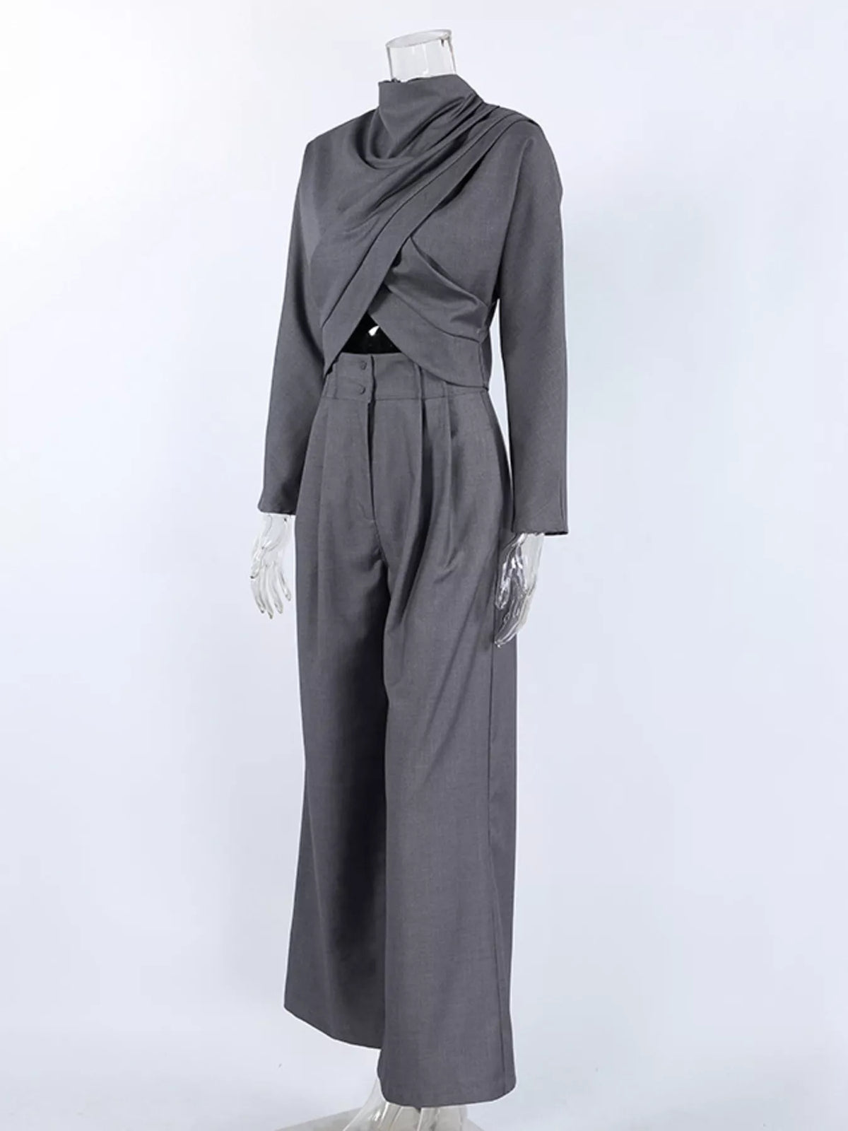 Draped Crop Top and Wide-Leg Pants Set