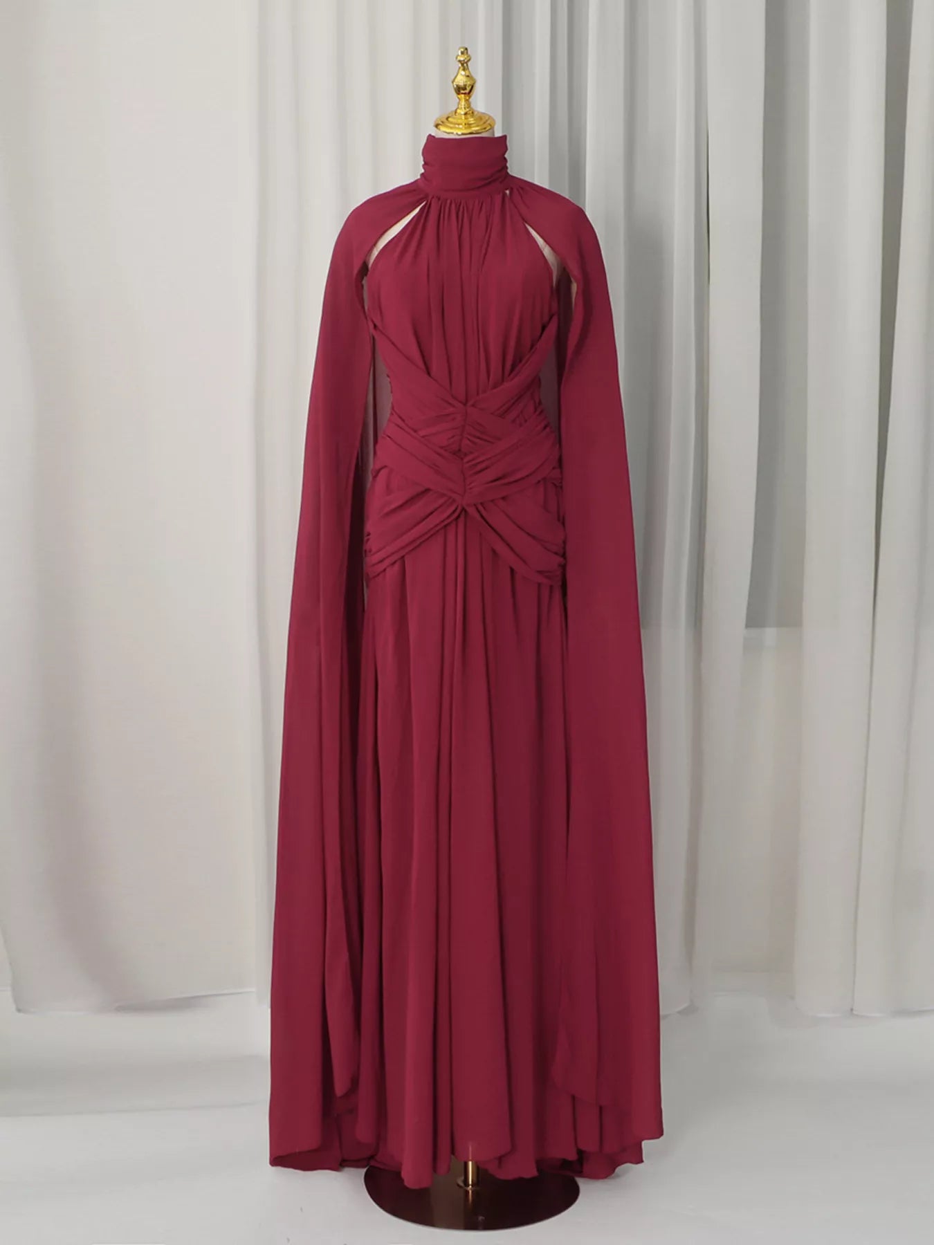 Ruched Halter Neck Cape Maxi Dress