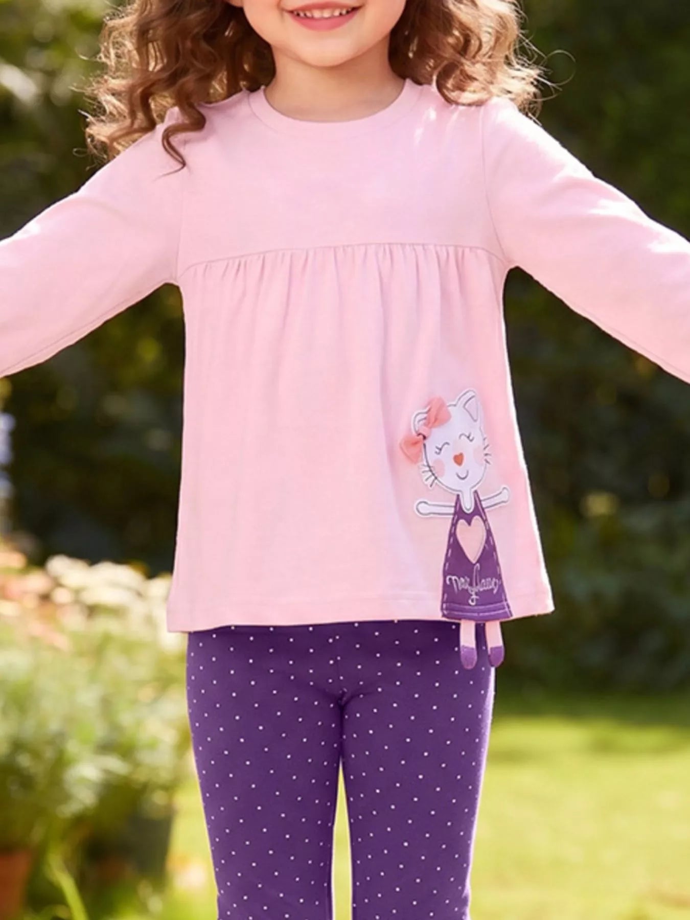 Children's Cat Applique Long Sleeve Top and Polka Dot Leggings Set