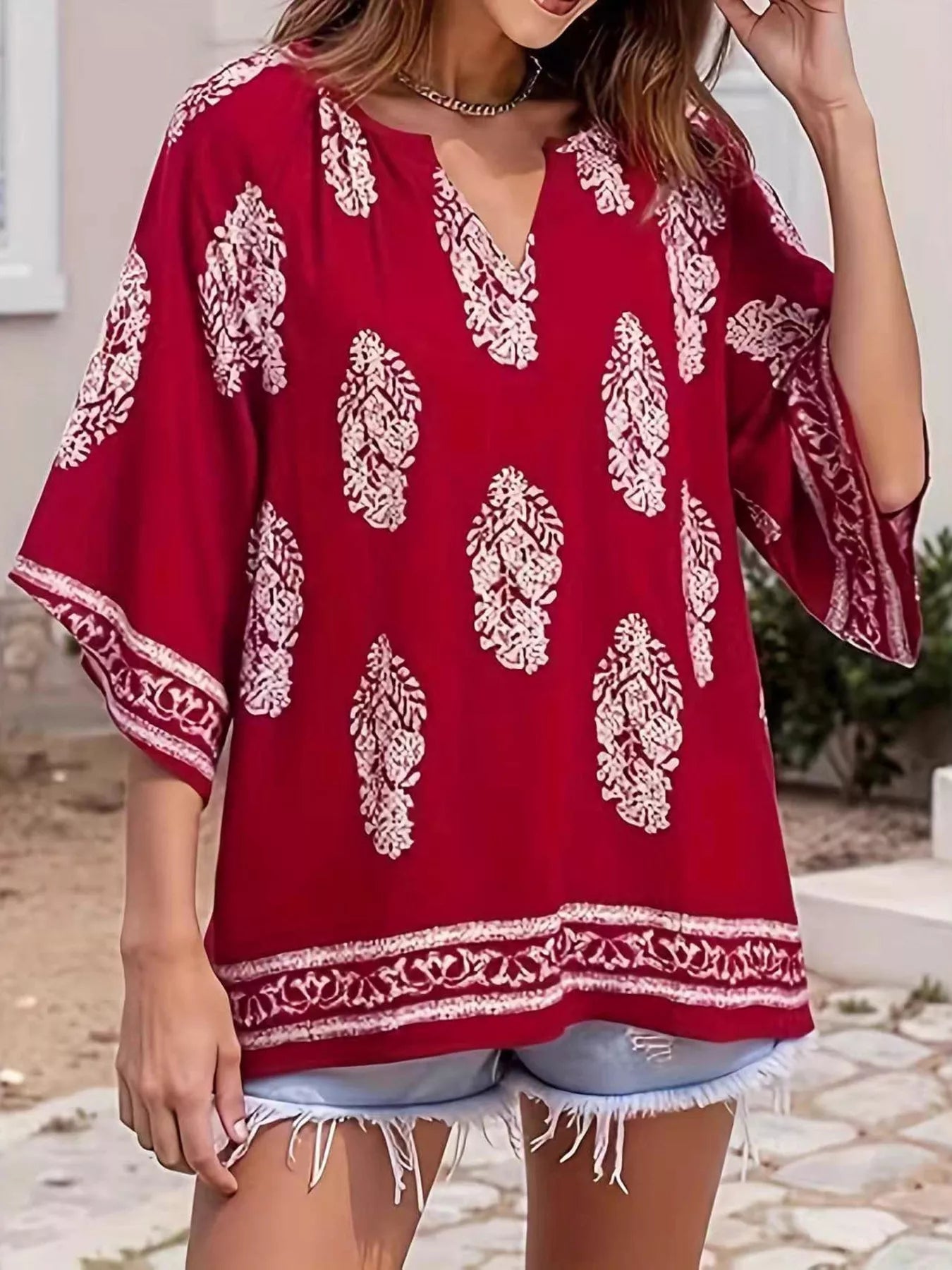 Printed Notched 3/4 Sleeve Blouse