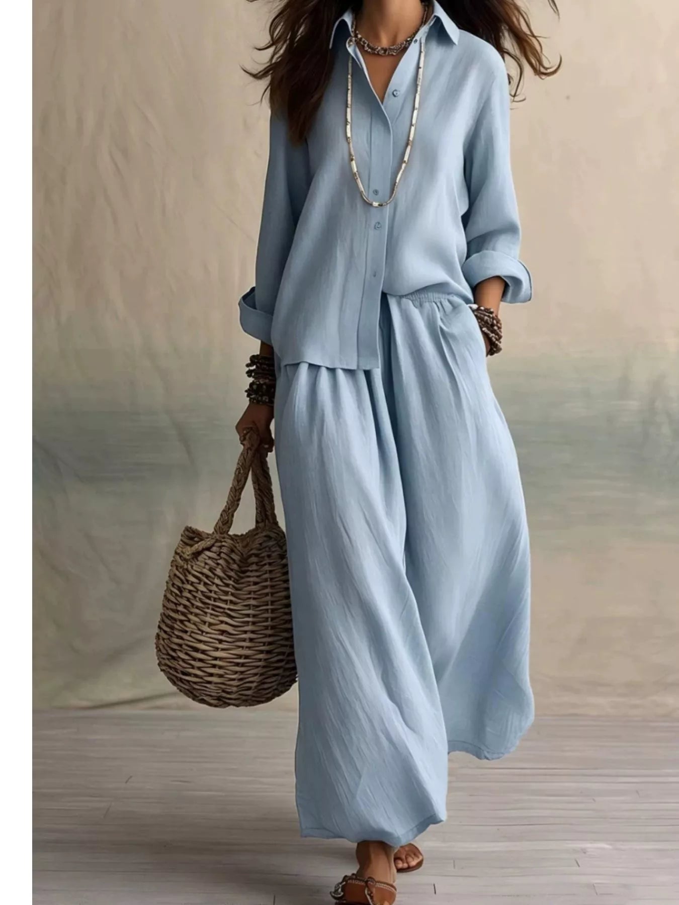 Full Size Button Up Shirt and Wide-Leg Pants Set Plus Size