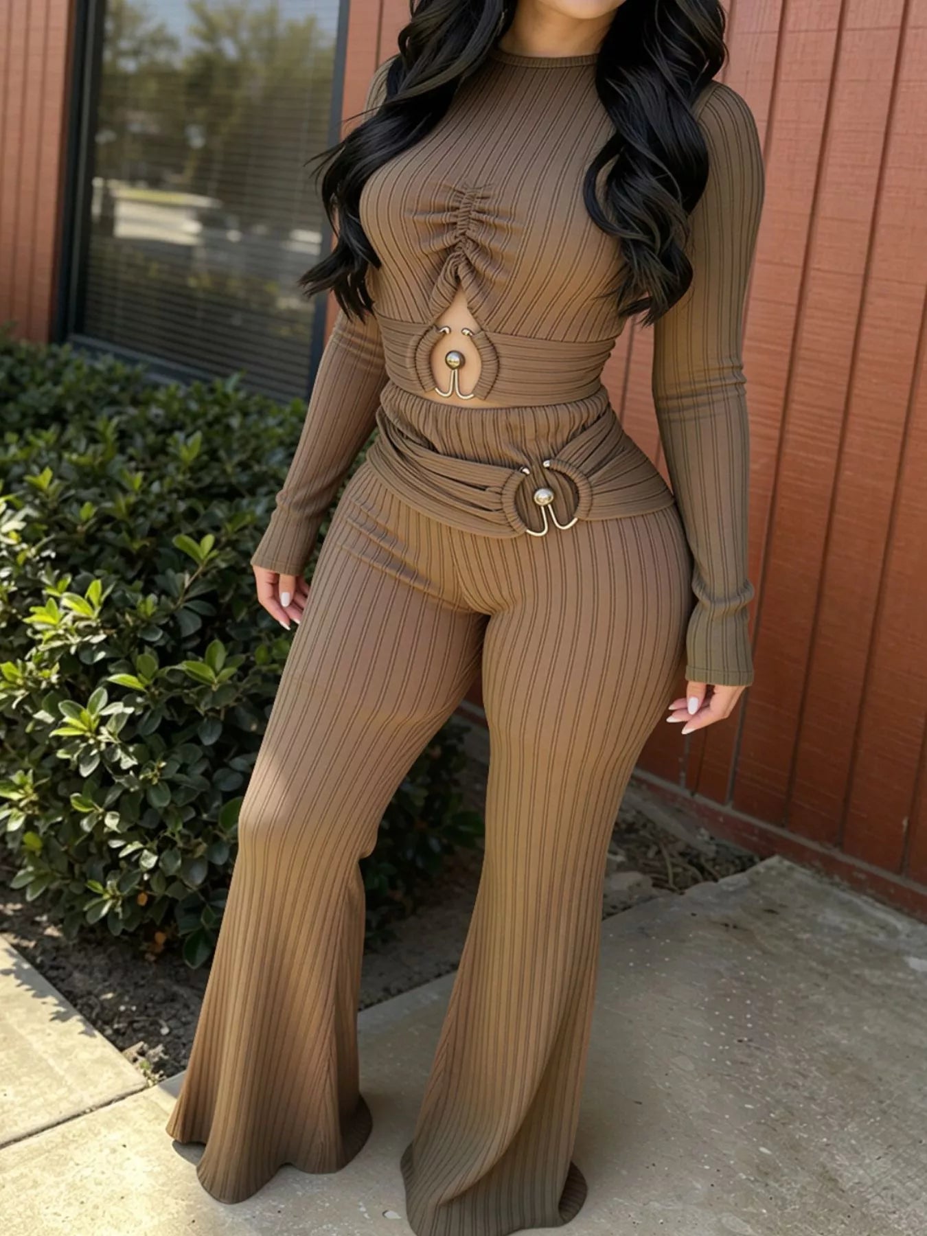 Ribbed Knit Ruched Cut-Out Jumpsuit