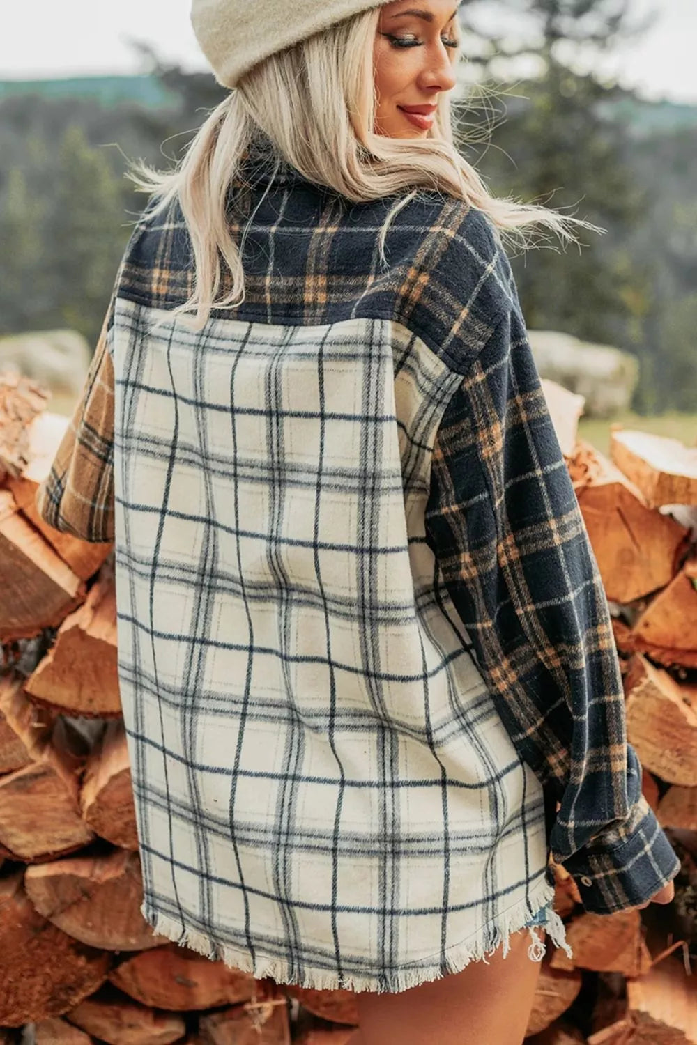 Multicolour Plaid Button-Up Long Sleeve Shift Silhouette Shacket