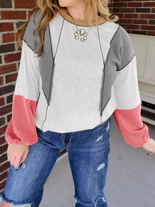 Color Block Textured Knit Patchwork Casual Top